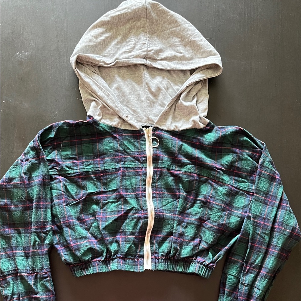 Cropped Plaid Zip up Hoodie